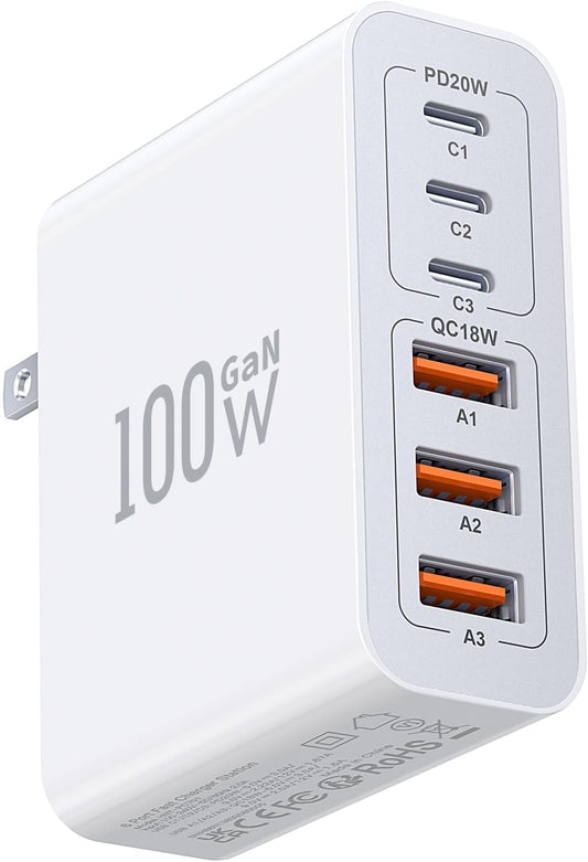 USB C Wall Charger Block,100W GaN 6-Port QC+PD3.0 Charging Station Type C Fast Chargers Plug Brick Portable Cube Hub Multiport Power Adapter for iPhone16/15/14 Pro Galaxy S25 Ultra2 AirPods4 Watch10