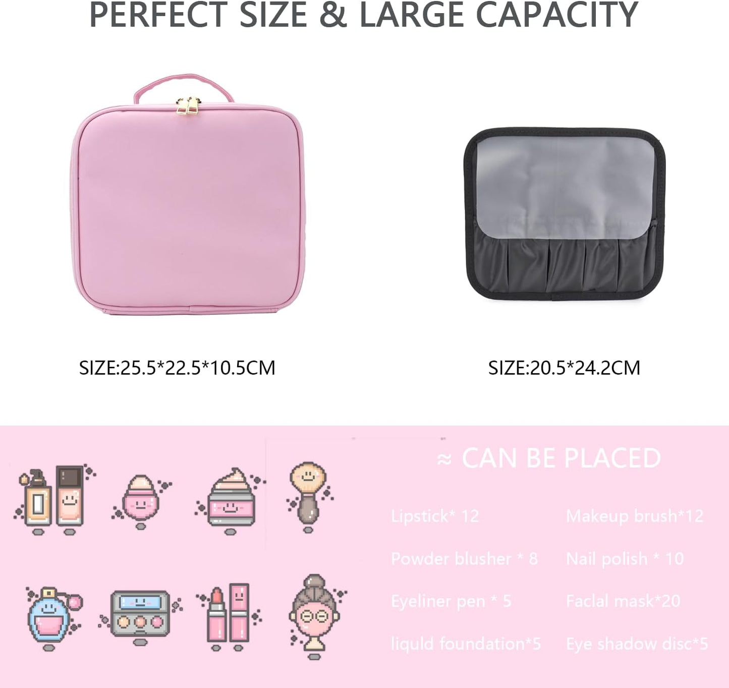 Makeup Bag with Led Mirror,Travel Makeup Organizer with 3 Color Setting, Portable Storage and Adjustable Dividers Travel Makeup Bag(Light Pink)