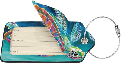 Sea Turtle Leather Luggage Tag with Stainless Steel Ring, Fun Name Id Card Cover Travel Bag Tag Set, Suitable for Travel Bag Luggage Women Men 2 PCS