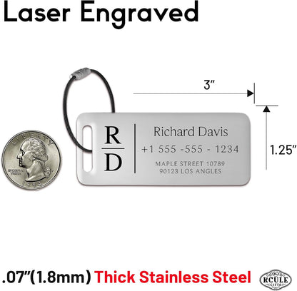 Personalized Luggage Tags for Suitcases 4 Pack - Stainless Steel Custom Luggage Tags for Backpacks & Bags, Sturdy, Waterproof & Heavy Duty (Silver / 3" x 1.25")