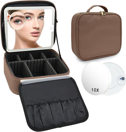 Travel Makeup Bag with LED Mirror and 10x magnifying glass with 3 Lighted Settings, Adjustable Dividers and Makeup Brush Storage Bag Mocha