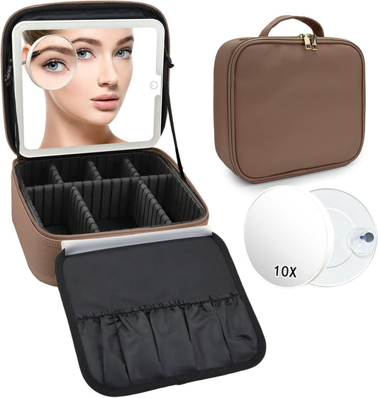 Travel Makeup Bag with LED Mirror and 10x magnifying glass with 3 Lighted Settings, Adjustable Dividers and Makeup Brush Storage Bag Mocha