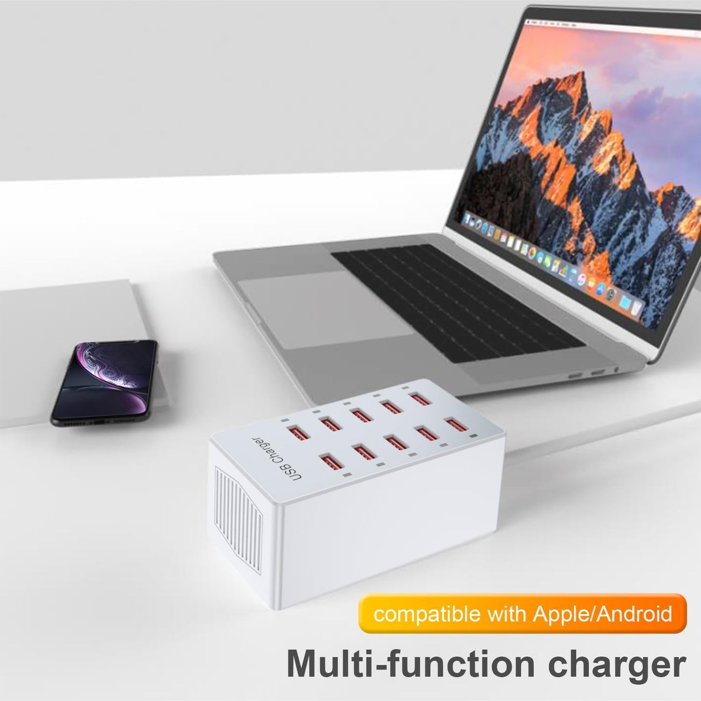 USB Charger 10-Ports Charging Station for Multiple Devices USB Wall Charger Power Hub Strip Smart Plug Charging Dock Block Compatible for iPhone Xs/XR,iPad,iPod,Smart Phones