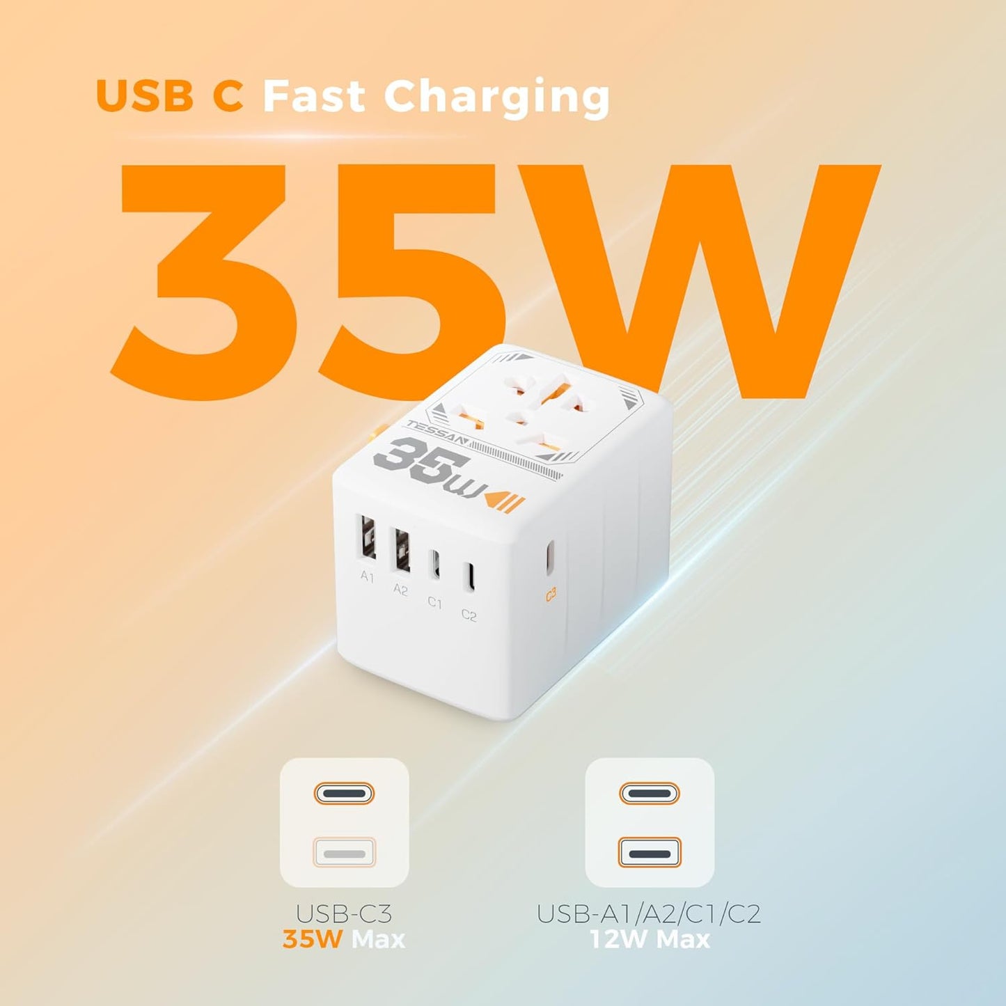 TESSAN Universal Travel Adapter 35W, International Plug Adaptor with 3 USB C and 2 USB A Charging Ports, Worldwide Power Outlet for US to European EU UK AUS Ireland(Type C/G/A/I)