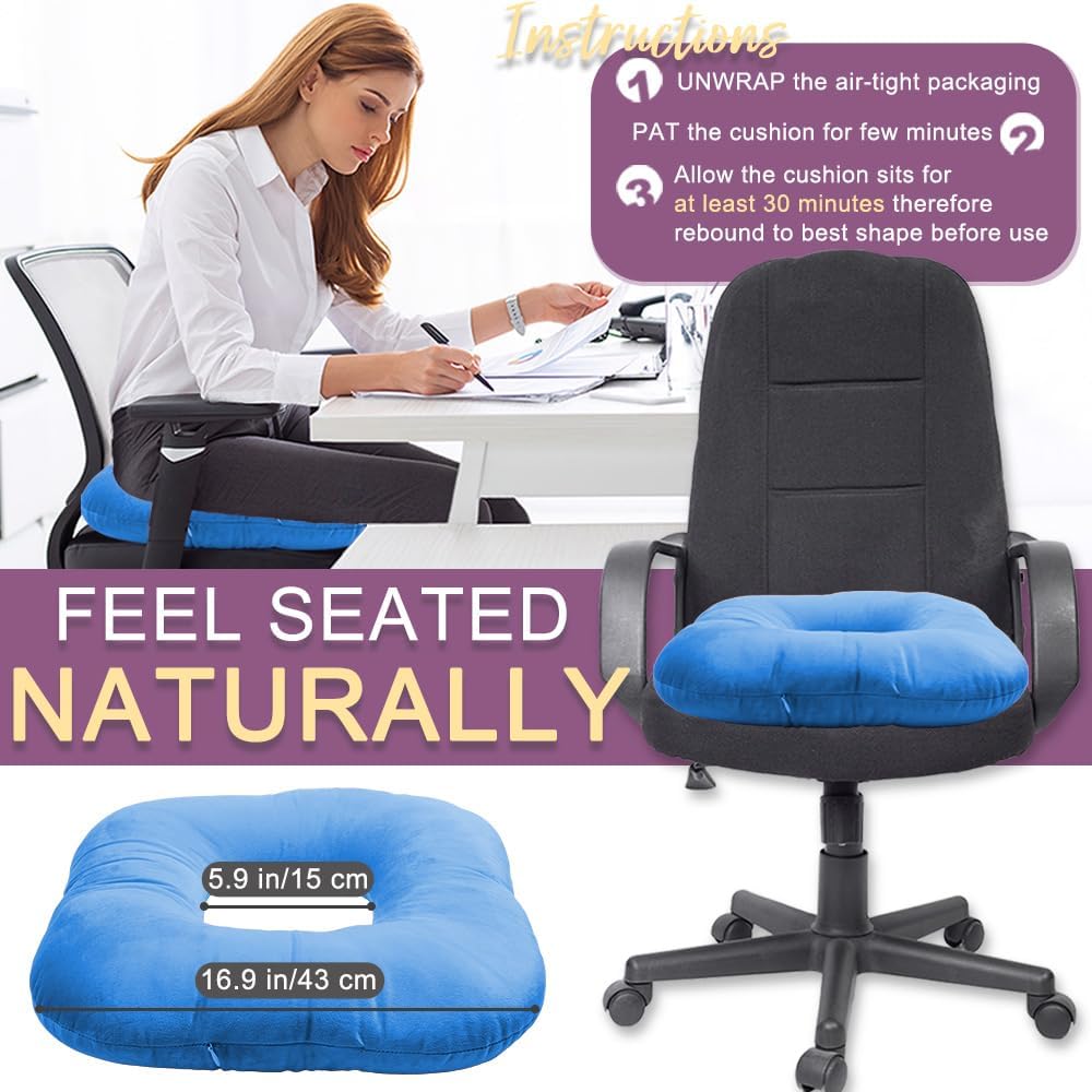 Stuffed Donut Pillow Seat Cushion | for Tailbone and Coccyx Pain, Hemorrhoids, Bed Sores, Pregnancy, Prostate, Surgery Recovery, Sitting Pressure Relief, for Home, Office and Car (Blue)