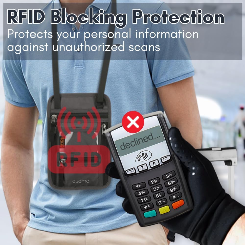 elzama Travel Neck Wallet, Neck Passport Holder, RFID Blocking Passport Wallet Super Slim & Lightweight Travel Pouch Holder for Men & Women (Light Grey)