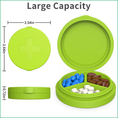 2 Pack Small Pill Box,3 Compartment Round Silicone Travel Pill Box for Purse Pocket, Waterproof Portable Compact Medicine Holder for Vitamin, Cod Liver Oil, Supplement(Green+Teal)