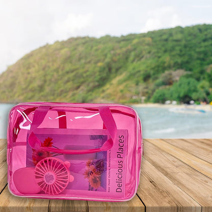 Travel Clear Waterproof PVC Bag, Toiletry Carry Pouch Makeup Artist Bag, Makeup Bags with Zipper Handle Straps, Tote Bag Pink