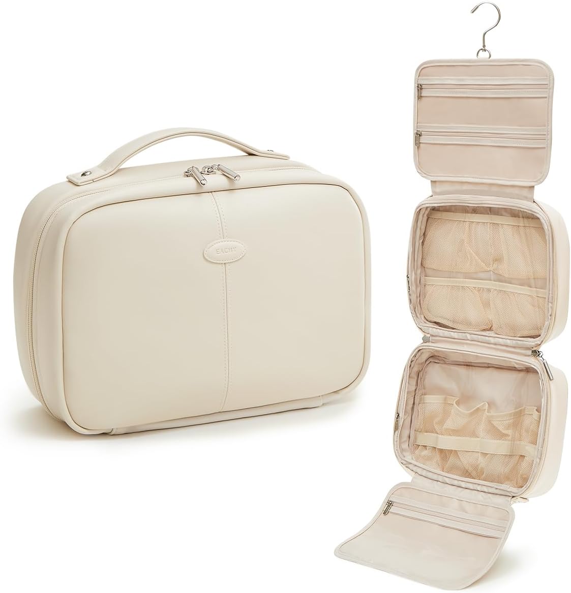 EACHY Toiletry Bag with Hanging Hook, Travel Makeup Bag PU Leather Cosmetic Bags for Women Make Up Organizer with 4 Compartments Waterproof Full-Size Portable Travel Essentials (White，Pro)