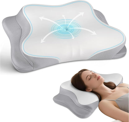 Cervical Neck Pillow for Pain Relief - Cooling Ergonomic Neck Support Pillow for Sleeping, Orthopedic Contour Memory Foam Pillows for Side, Back & Stomach Sleepers with Pillowcase (Grey)