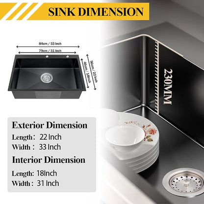 Black Kitchen Sink, Stainless Steel Drop In 33x22x9 Inch Single Bowl Topmount - Image 6