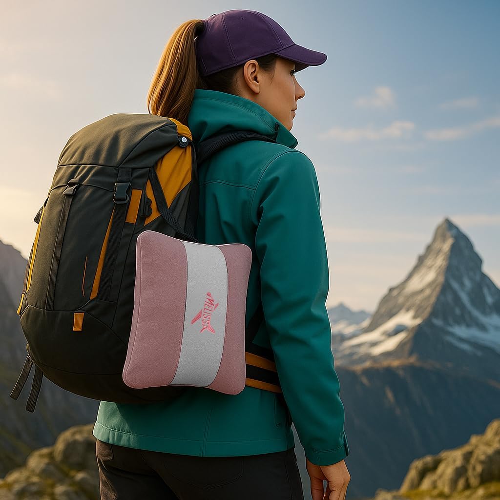 Melissa Large Travel Blanket and Inflatable Pillow Set - 69“ x 43.3” – Soft Blanket with Carry Bag – Lightweight, Compact & Washable for Backpacking, Hiking, Airplane, Car, Office, Camping (Pink)