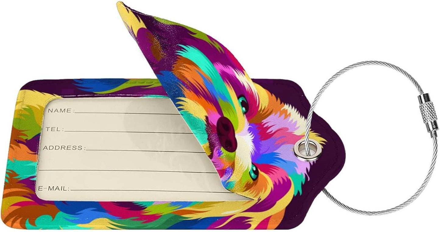 2 Pack Colorful Dog Luggage Tag for Women Girls Kids, Printed Leather Bag Tags for Suitcase Artistic Animal Travel Backpack Labels with Privacy Cover Name ID Card