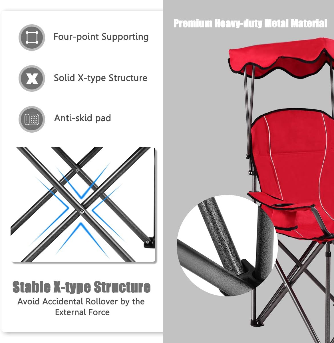 S AFSTAR Safstar Folding Camping Chair with Canopy, Portable Lawn Beach Canopy Chair with Cup Holder & Carry Bag, Load Bearing Up to 265LBS, Folding Chair for Outside Outdoor Travel Hiking Fishing