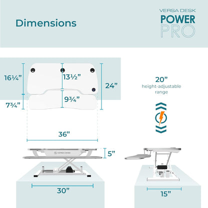 VRSADESK PowerPro™ Electric Standing Desk Converter - Height Adjustable Desk Riser with Keyboard Tray - Holds 80 lbs - Built-in USB Charging Port - Ergonomic Sit Stand Workstation | White (36 inch)