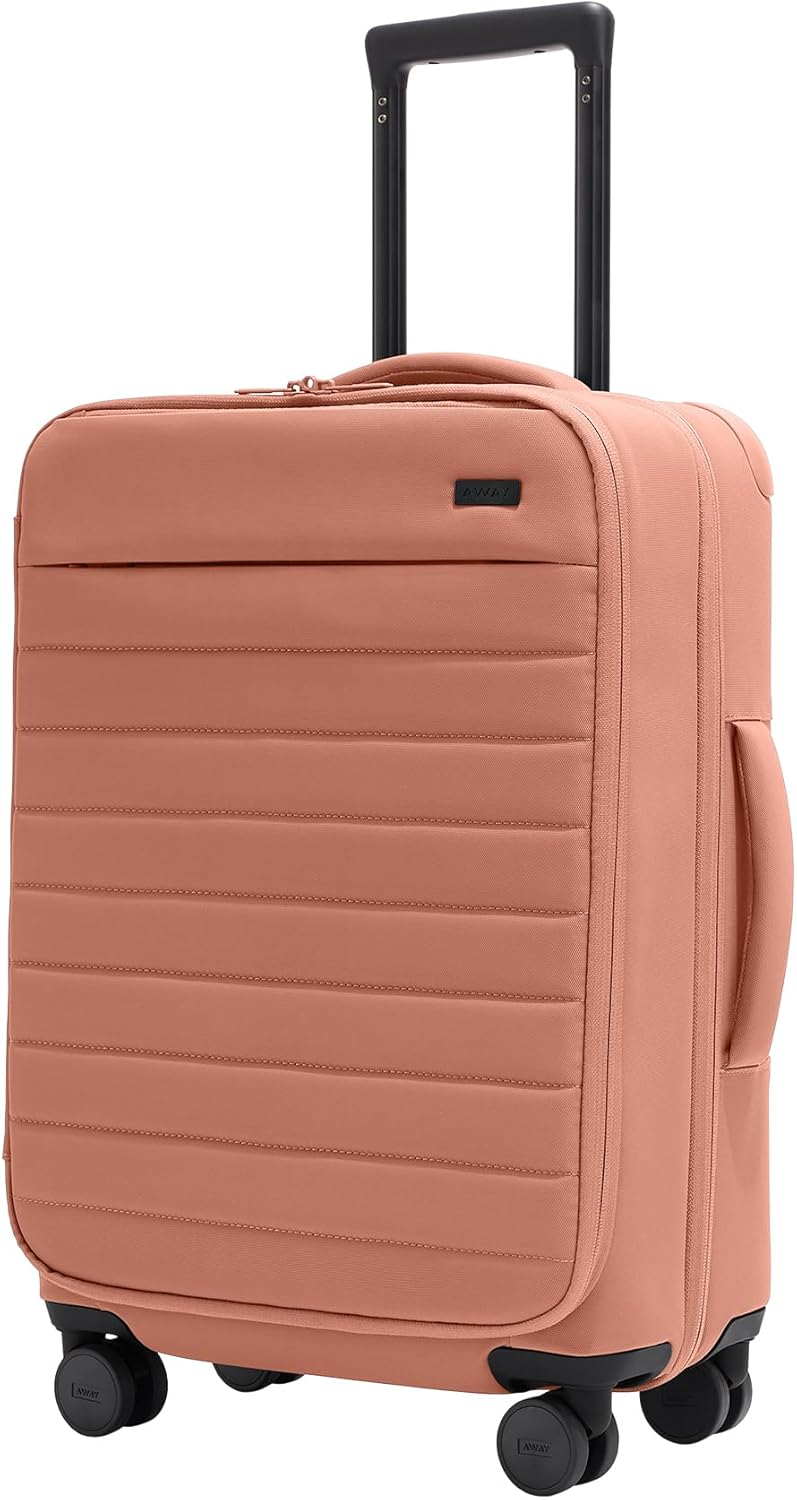 Away Softside Bigger Carry-On Suitcase, 23 Inch Lightweight, Expandable High-Strength Nylon Luggage With Spinner Wheels, Meets Requirements for Most Major Airlines, Clay Pink