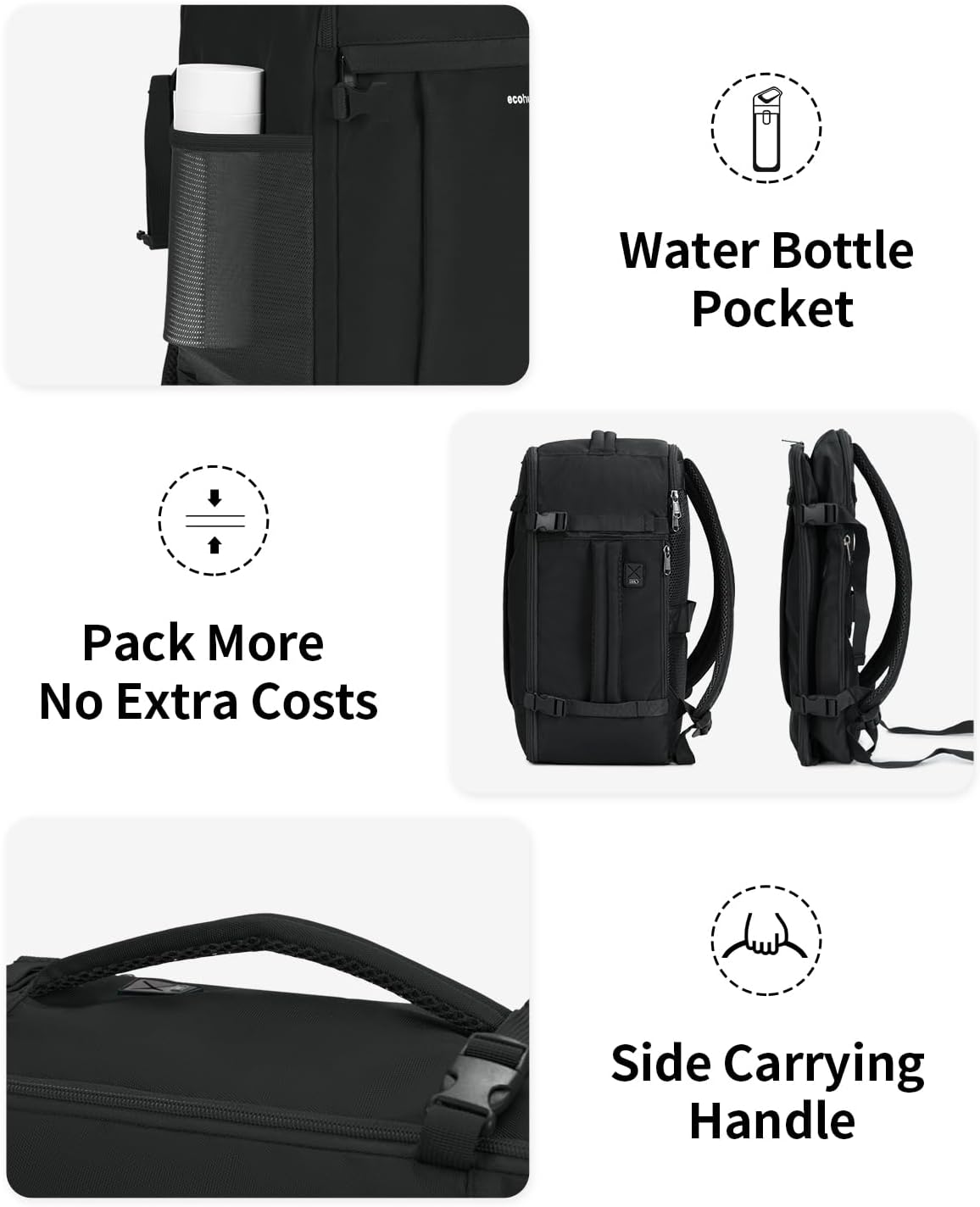 ECOHUB Travel Backpack for Men Women, Carry on Backpack with USB Charging Hole, Spirit Airlines Personal Item Bag Flight Approved, 15.6 Inch Laptop Backpack with Anti Theft Pockets, 30L, Black