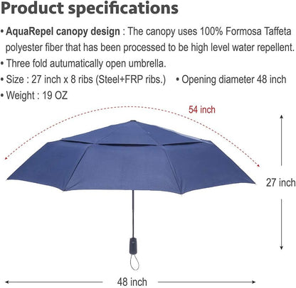Large Umbrella Windproof 54 Inch Folds Into Portable Travel Size - Big Enough To Comfortably Fit In 2 Adults - Auto Open Close and Patented Vortex System For Superior Safety And Durability (Brown)
