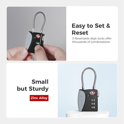 pack all TSA Approved Cable Luggage Locks, 3 Digit Combination Padlocks, Travel Lock for Suitcases & Bag, Alloy Body, Travel Accessories (1 Pack)（Grey）