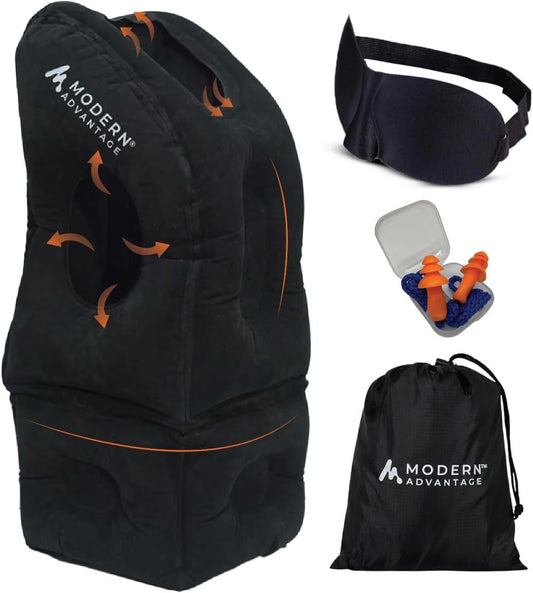 Modern Advantage Inflatable Travel Pillow for Airplanes with Adjustable Extra Bottom, Support Head & Chin to Avoid Neck & Shoulder Pain, for Travelling, Office Napping with Eye Mask & Earplug