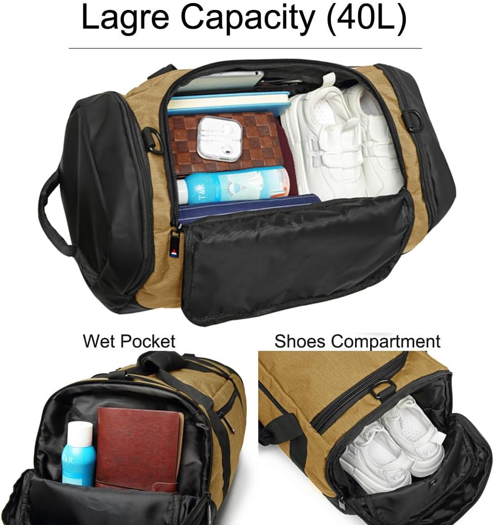 Gym Duffle Bag Backpack Waterproof Sports Duffel Bags Travel Weekender Bag for Men Women Overnight Bag with Shoes Compartment Black