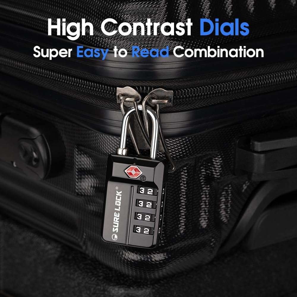 SURE LOCK TSA Approved 4-Digit Resettable Combination Luggage Locks with Open Alert, Easy-Read Dials - for Luggage, School Lockers, Gym, Office, Toolbox & Security Cases (Black 2 Pack)