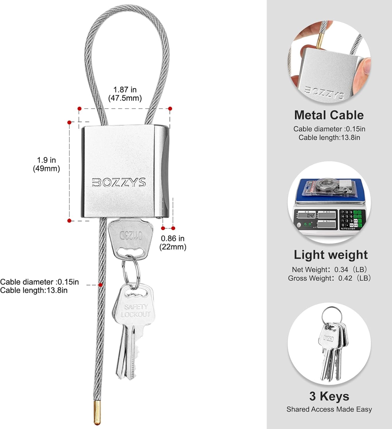 Adjustable Cable Padlock with 3 Keys | 1.15ft L x 1/6in D Aluminum Steel Cable Locks for Bikes, Gate, Lockers & Outdoor Gear | Keyed Different & Silver