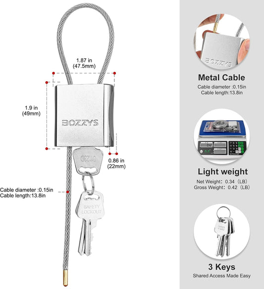 Adjustable Cable Padlock with 3 Keys | 1.15ft L x 1/6in D Aluminum Steel Cable Locks for Bikes, Gate, Lockers & Outdoor Gear | Keyed Different & Silver