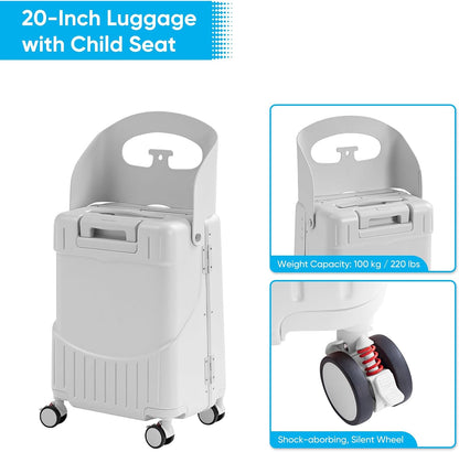 TABU 20" Ride-on Luggage with Seat For Kids & Adults，Carry On Hardshell Ride On Suitcase with 360° Lockable Spinner and TSA Lock, White