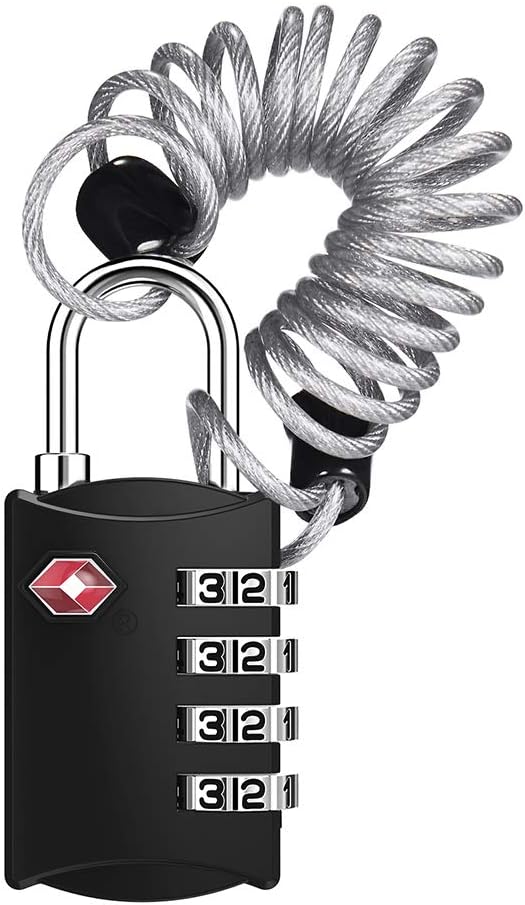 ZHEGE Luggage Lock, TSA Approved Travel Lock, 4 Digit Combination Padlock with Flexible Cable (30 Inch) for Suitcase, Backpack, Cabinet, Drawer (1 Pack, Black)