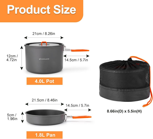 Odoland Camping Cookware Mess Kit, Non-Stick Lightweight Camping Pot and Fry Pan Set with Mesh Bag for Backpacking, Outdoor Cooking and Picnic