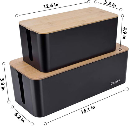 2 Pack Large Cable Management Box – Wooden Style Cord Organizer Box and Cover for TV Wires, Computer, Router, USB Hub and Under Desk Power Strip – Safe ABS Material and Baby-Pets Proof Lock (Black)