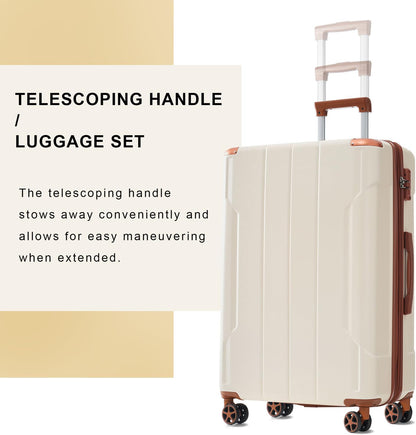 Merax 24 Inch Expandable Checked Luggage, Hardshell ABS Medium Suitcase with Spinner Wheels, TSA Lock, Lightweight Durable Travel Suitcase for Men Women(White Brown)