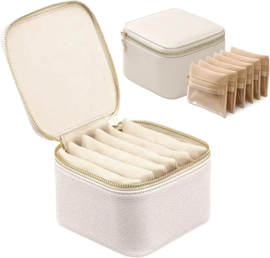 Jewelry Box Organizer for Women,Small Jewelry Travel Case,Leather Travel Jewelry Organizer with 6 Velvet Jewelry Zipper Pouches, Jewelry Organizer for Graduation Wedding Gift(Off White)