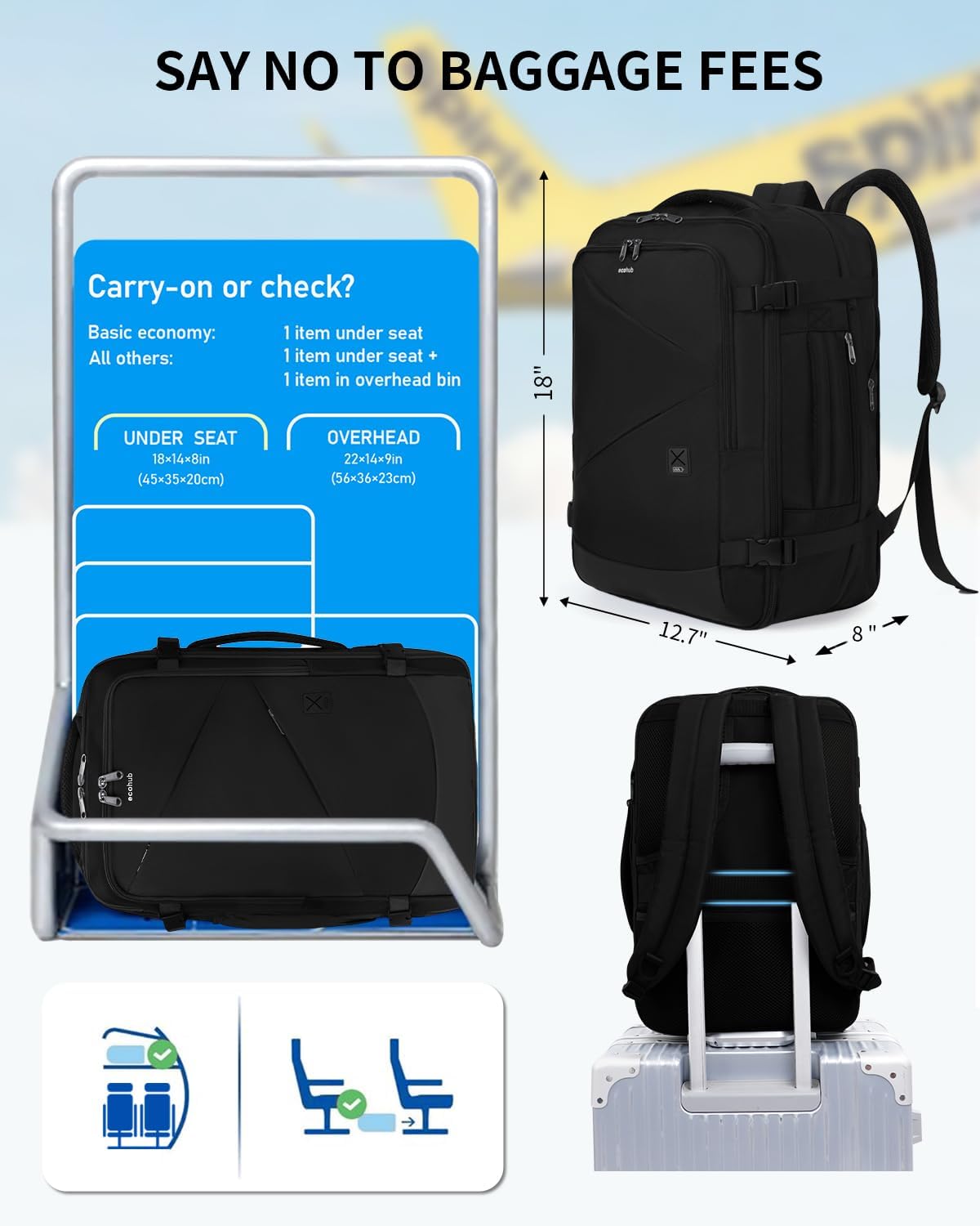 ECOHUB 30L Carry on Travel Backpack for Men Women 18x14x8, 17 inch Expandable Airlines Personal Item Bag Water Resistant Laptop Backpack Flight Approved with USB Slot & Wet Pocket, Black