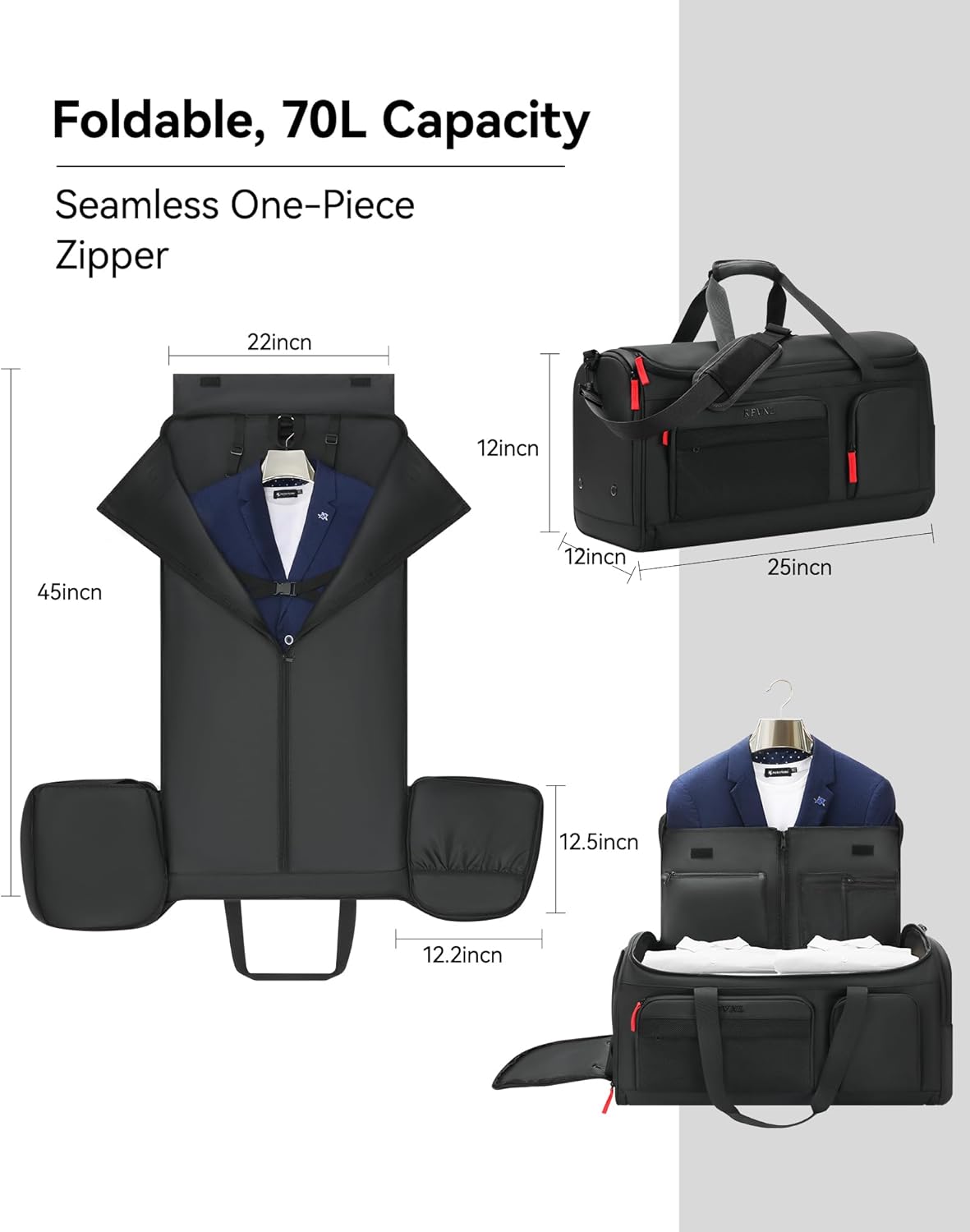 Large 3 In 1 Waterproof Garment Duffle Bags for Travel with Shoe Compartment, Mens Carry On Convertible Garment Bags for Travel Combo with Wet Compartment, Suit Bag Travel for Men and Women (black)