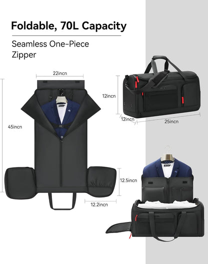 Large 3 In 1 Waterproof Garment Duffle Bags for Travel with Shoe Compartment, Mens Carry On Convertible Garment Bags for Travel Combo with Wet Compartment, Suit Bag Travel for Men and Women (black)