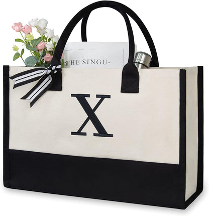 TOPDesign Embroidery Initial Canvas Tote Bag, Personalized Present Bag, Suitable for Wedding, Birthday, Beach, Holiday, is a Great Gift for Women, Mom, Teachers, Friends, Bridesmaids (Letter X)