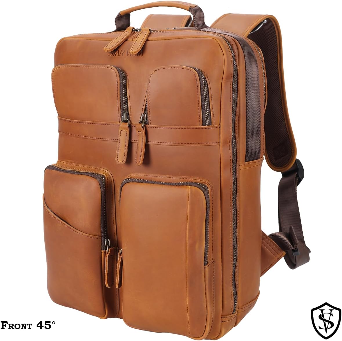 STAR VISTA Angelo 17.3" Vintage Full Grain Leather Laptop Backpack for Men, Multi Pockets, Casual Outdoor Business Travel Rucksack, YKK Zippers, Light Brown