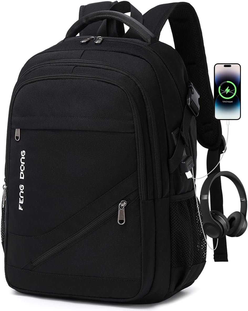 FENGDONG Durable Waterproof Travel Laptop Backpack 17.3 inch,Large College Backpack Bookbag for Men & Women Business Backpack with USB Charging Port and Headset Port Black