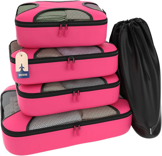 Shacke Premium 5 Packing Cubes Set - Lightweight Mesh Travel Luggage Organizers with Laundry Bag, 5-Piece Suitcase Storage System (Precious Pink)