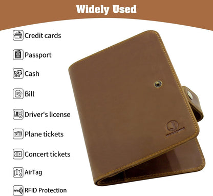 Jack&Chris Genuine Leather Handmade Passport Holder For Travel, RFID Blocking Passport Holder with Card Slots, Travel Essentials wallet with Pen Holder for Women and Men for Gifting, Light Brown