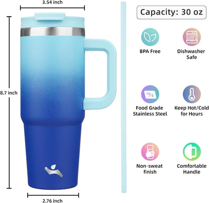 30 oz Tumbler with Handle and 2 Straws,2 in 1 Lid Insulated Water Bottle Stainless Steel Travel Coffee Mug,Sky