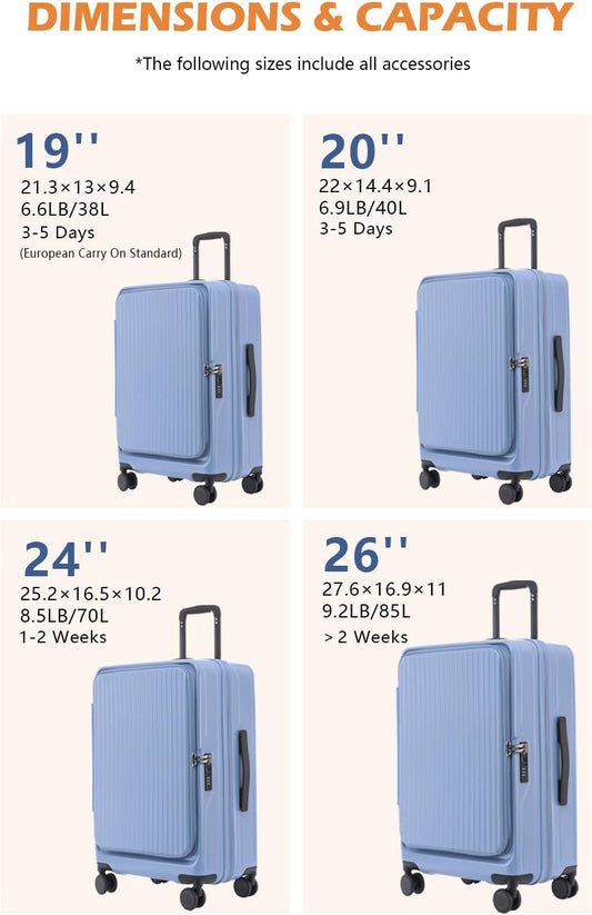 HotWay 26 Inch Expandable Checked Luggage with Cup Holder, Hardside TSA Approved Luggage with Spinner Wheels, Top Opening Suitcase For Travel, Blue