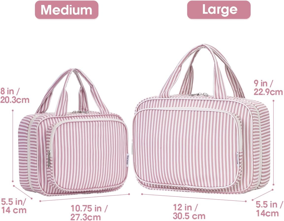 Narwey Striped Travel Toiletry Bag for Women Large Hanging Makeup Bag Organizer Toiletries Bag for Full Size Essentials Accessories Cosmetics (Dusty Pink Stripe (Large))