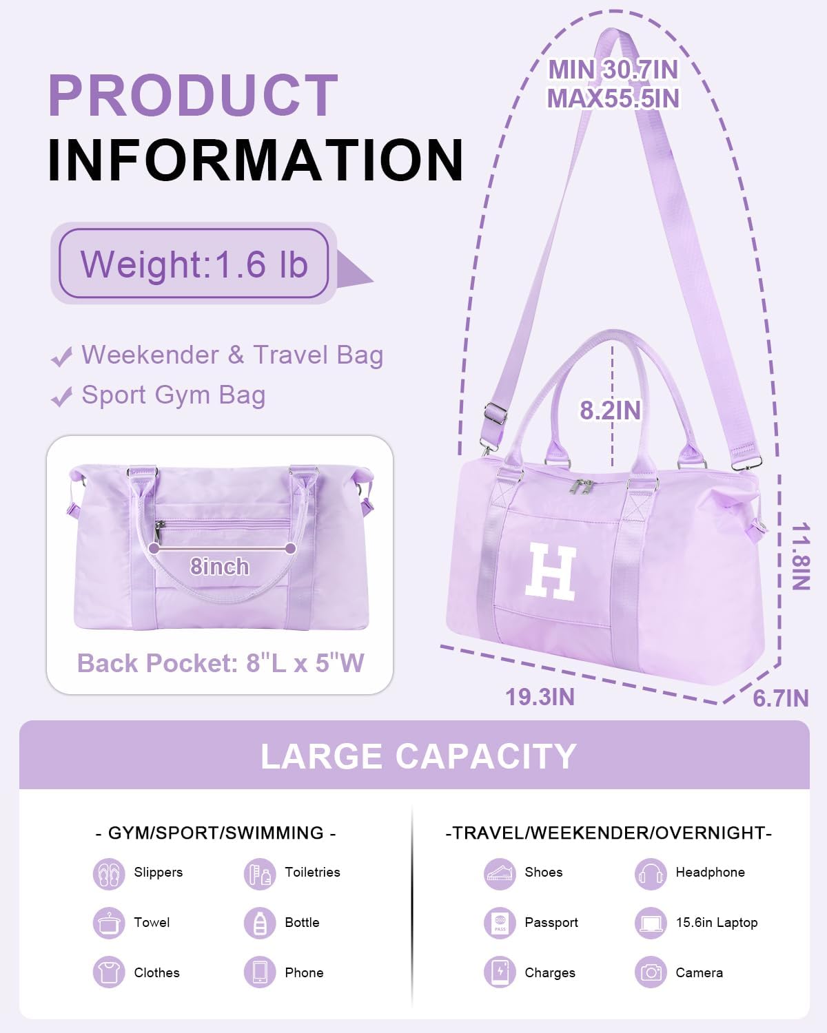 Daughter Niece Gifts for Teen Girl Kids, Initial Travel Duffel Bag Sports Gym Bag Personalized Gifts Weekender Bag，Monogram Overnight Bag Cute Dance Bag Birthday Bridesmaid Gifts for Women(Purple, H)
