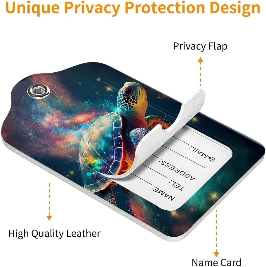 2 Pack Luggage Tag for Suitcase, Cute Unique Leather Bag Tags Identifiers Privacy Cover ID Label with Durable Steel Loop for Women Men Kids Girls Travel，TurtleE