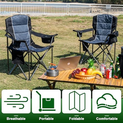 Oversized Padded High Back Camping Chairs,2 Pcs Heavy Duty Folding Chairs Support 500LBS with Cooler Bag,Cup Holder Cooler Bag, Collapsible Chairs for Outdoor, Tailgate, Fishing, Black