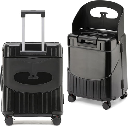 Hardside 22'' Luggage with Seat for Kids & Adults, 360° Lockable Spinner Wheels Travel Suitcase with TSA Approved Lock and Seat Belts(Black, 22-Inch)