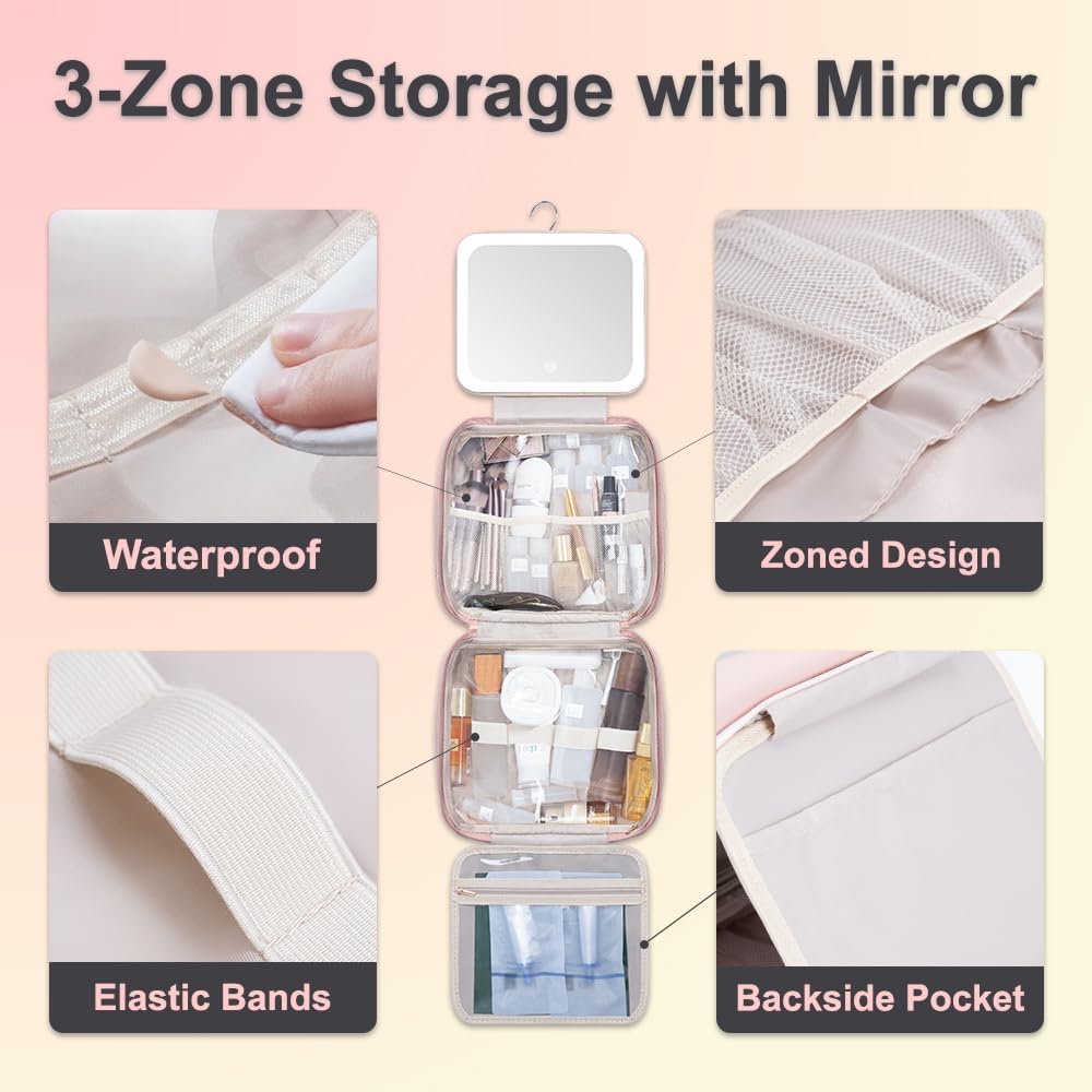 Glint&Glide Travel Makeup Bag with LED Lighted Detachable Mirror, Tri-light Dimmable - Hanging Multi-Compartment Organizer for Women, Portable Cosmetic Case with Four Divided Storage, Pink